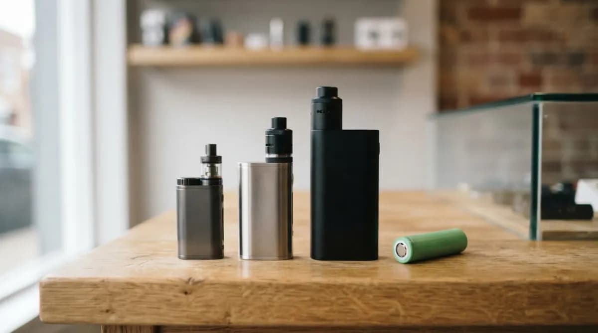 Trois box électroniques de tailles différentes et un accu posés sur un comptoir de boutique