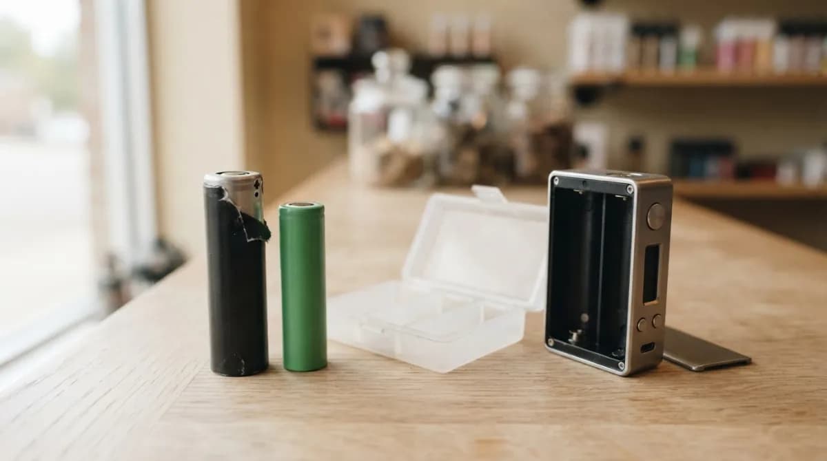 Deux accus cylindriques de tailles différentes, un boîtier de transport et une box ouverte sur un comptoir