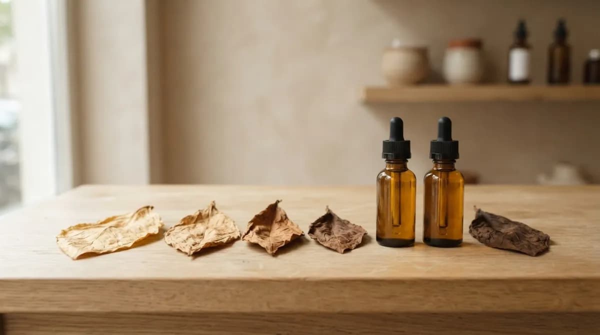 Feuilles de tabac séchées, du blond au brun foncé, à côté de flacons d'e-liquide sur un comptoir en bois