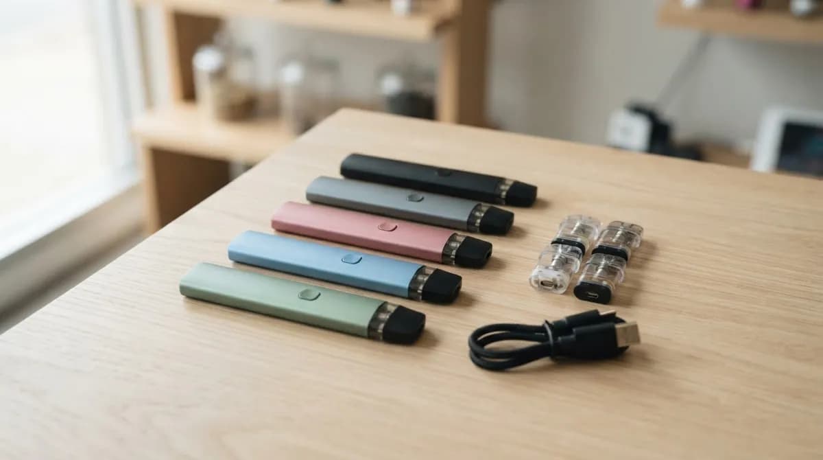 Plusieurs pods e-cigarette et cartouches de rechange posés sur un comptoir de boutique
