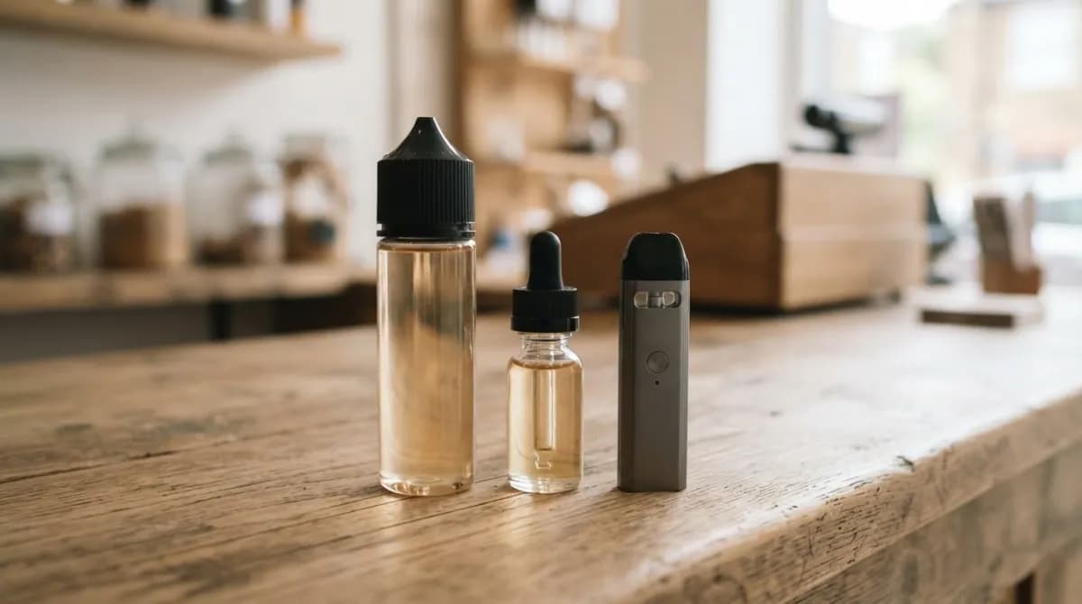 Flacon d'e-liquide grand format, petit flacon de booster de 10 ml et pod posés sur un comptoir